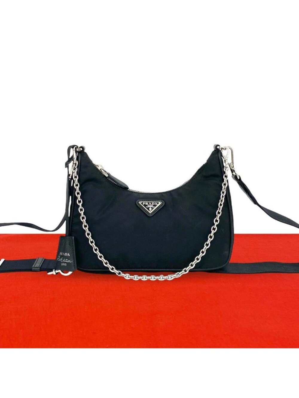 Prada Triangle Logo Tessuto Pocono Nylon Saffiano Leather Chain Shoulder Bag